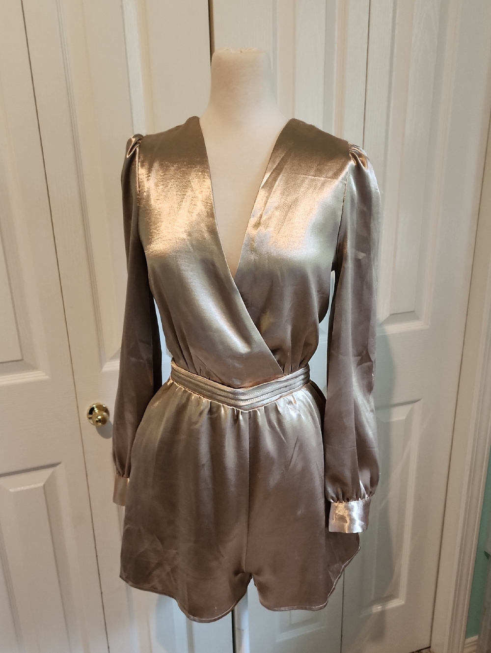 Satin Long-Sleeve Wrap Romper in Shimmering Gold